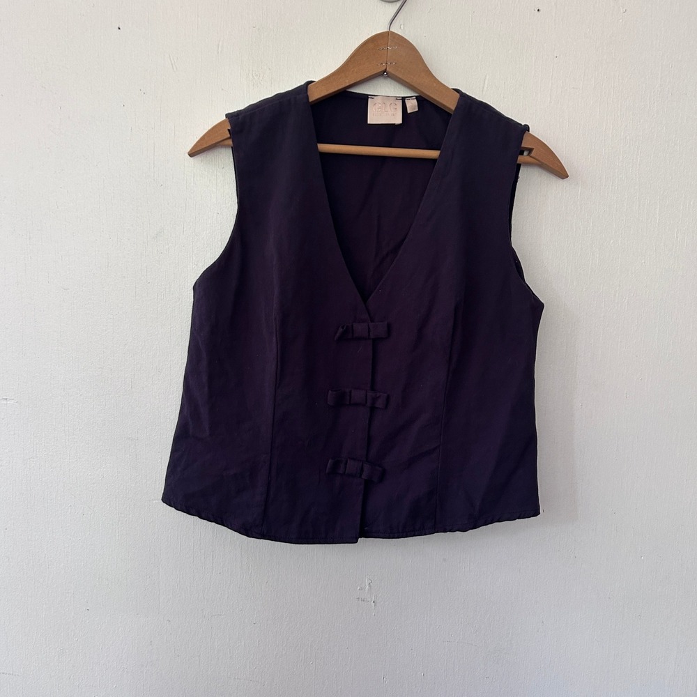 Good Luck Gem Vest Women Large Blue Bow Front Cotton Sleeveless Office Siren